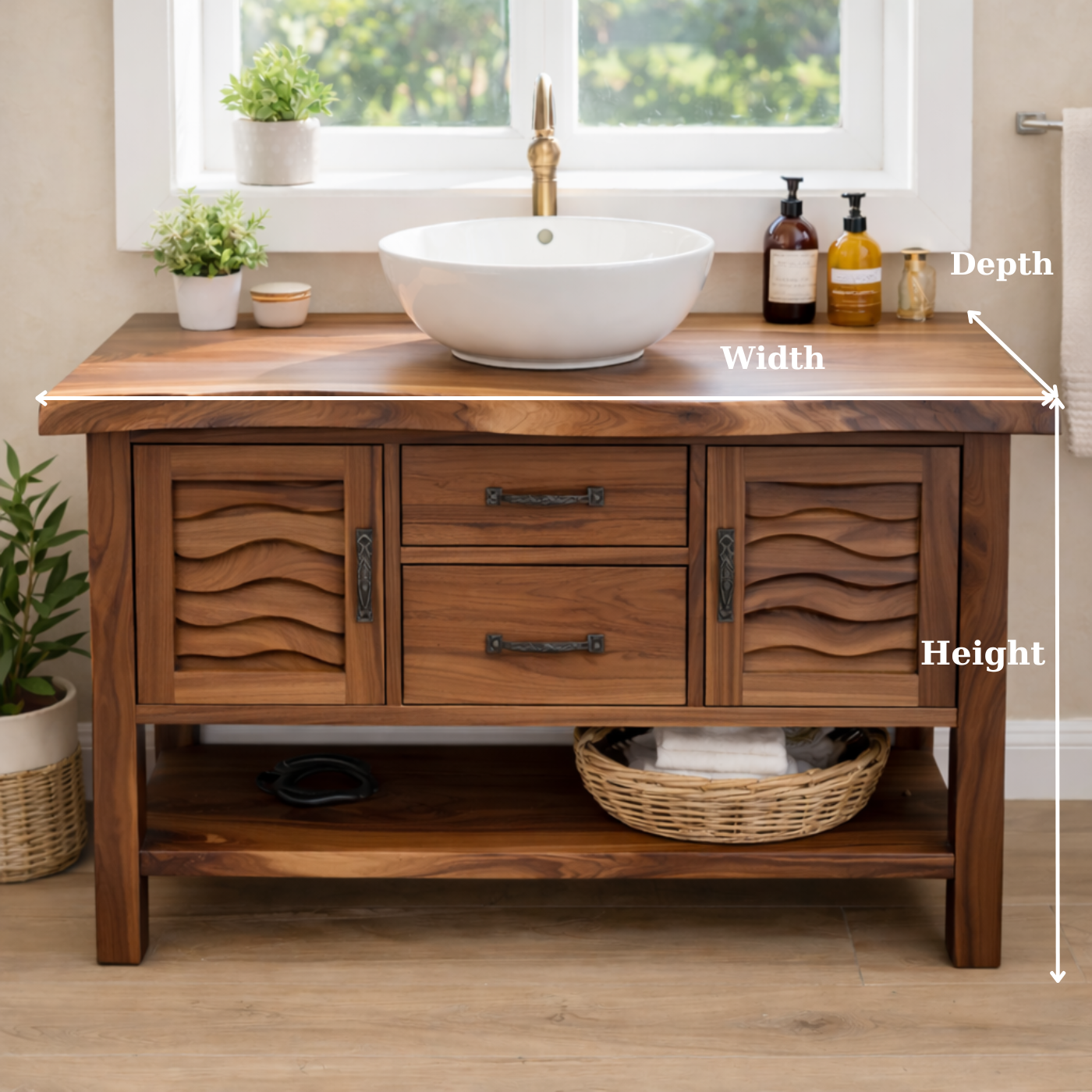 Solid Wood Bathroom Vanity with Sculpted Wave Doors and Open Shelf