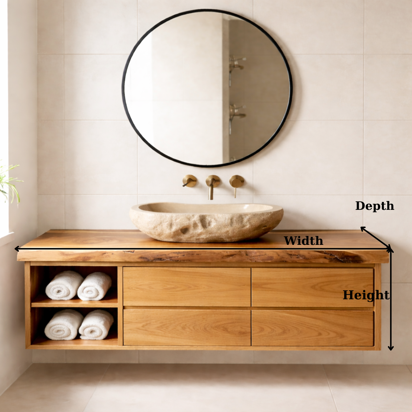 Floating Solid Wood Bathroom Vanity with Live Edge Countertop, Drawers and Open Storage