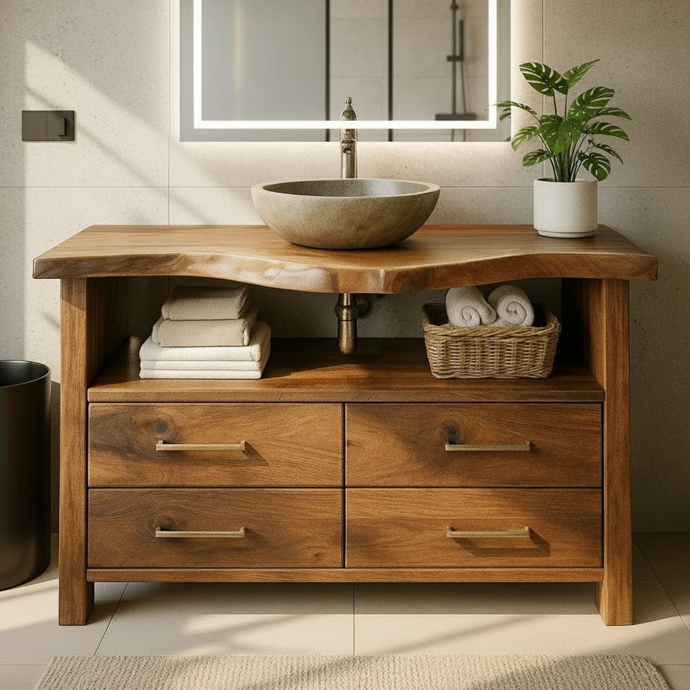 Live Edge Solid Wood Bathroom Vanity with 4 Drawers and Open Storage Shelf for Modern Rustic Interiors