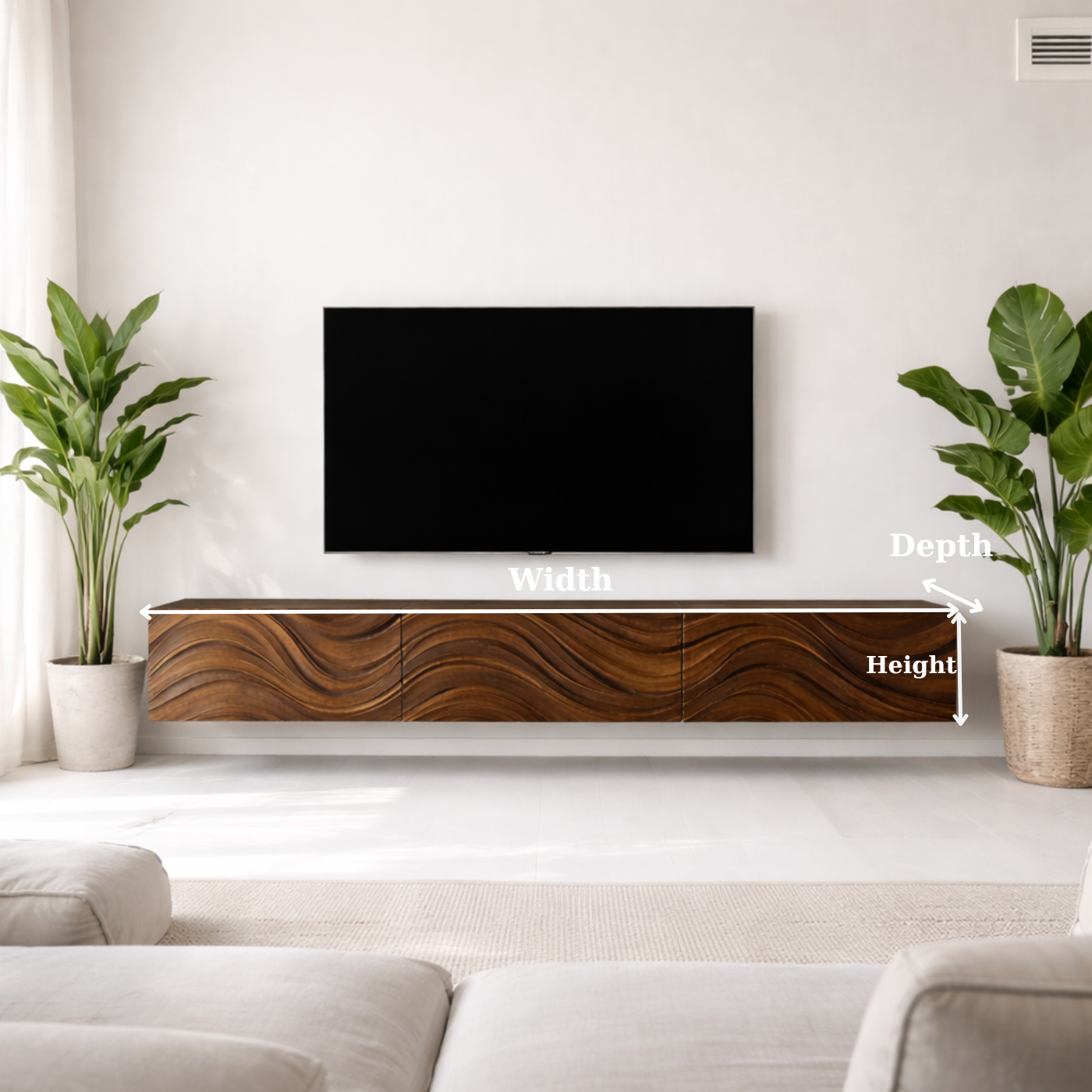 Floating Solid Wood TV Stand with Carved Wave Front – Modern Walnut Media Console