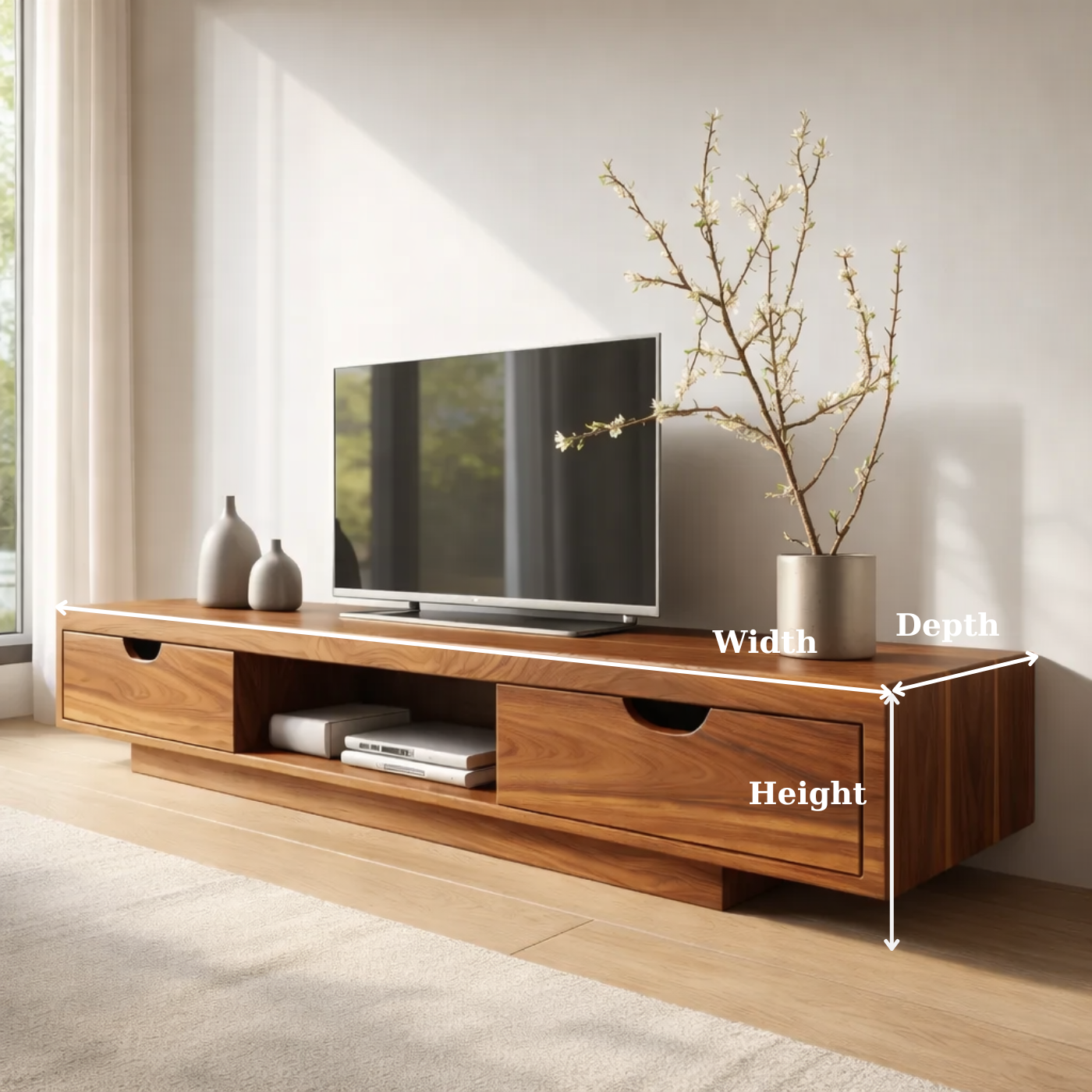 Walnut Wood TV Stand with Drawers – Modern Solid Wood Media Console Cabinet
