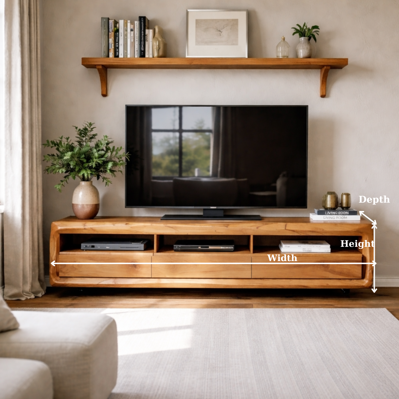 Solid Wood TV Stand with Drawers and Open Shelf – Rustic Modern Wooden Media Console