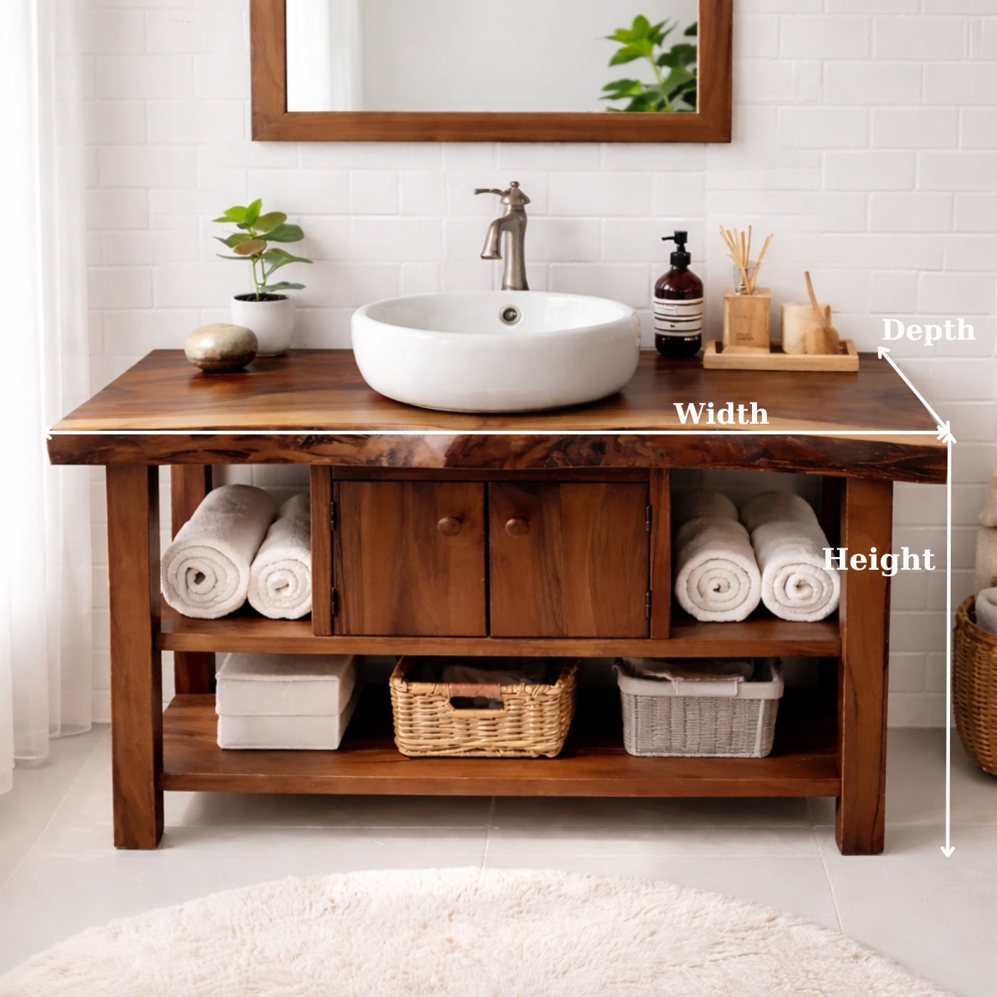 Live Edge Solid Wood Bathroom Vanity with Open Shelves and Storage Cabinet – Rustic Modern Bathroom Vanity