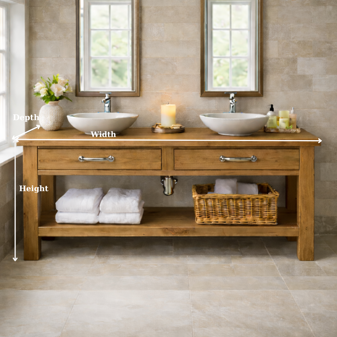 Solid Wood Double Bathroom Vanity with Drawers and Open Shelf Storage