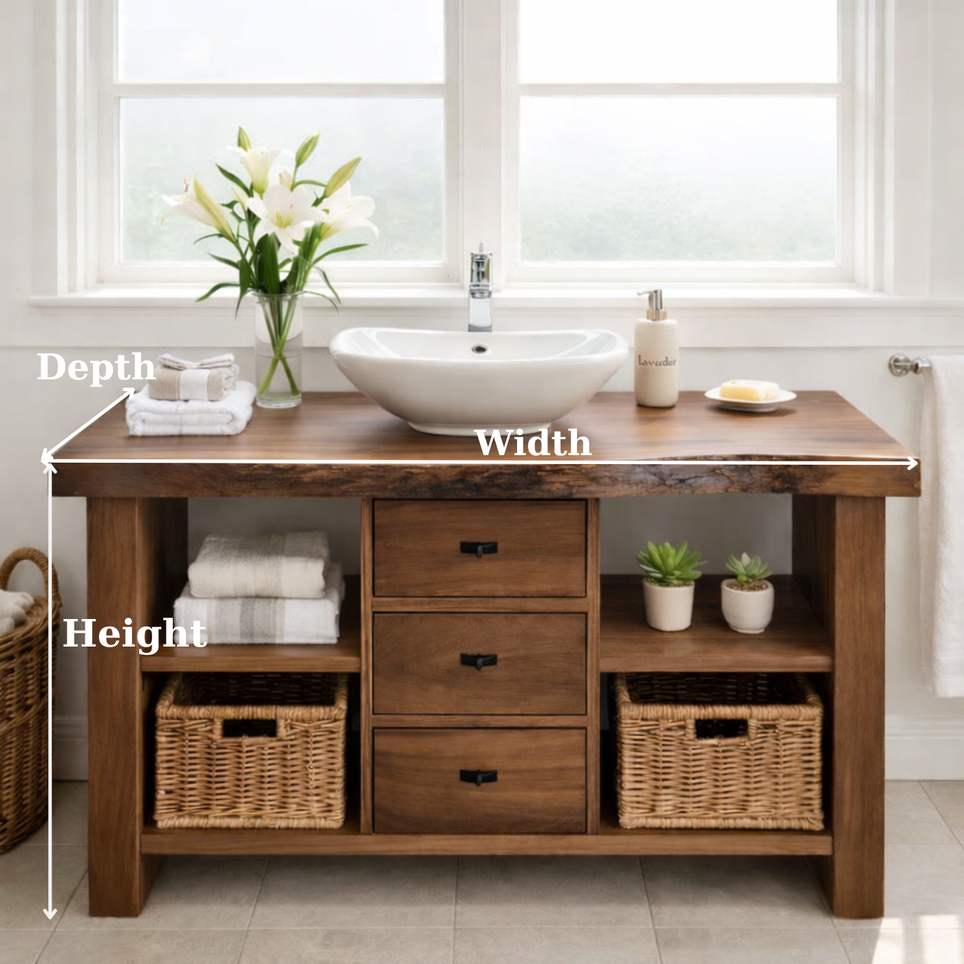 Rustic Walnut Bathroom Vanity with Drawers and Storage for Modern Bathrooms