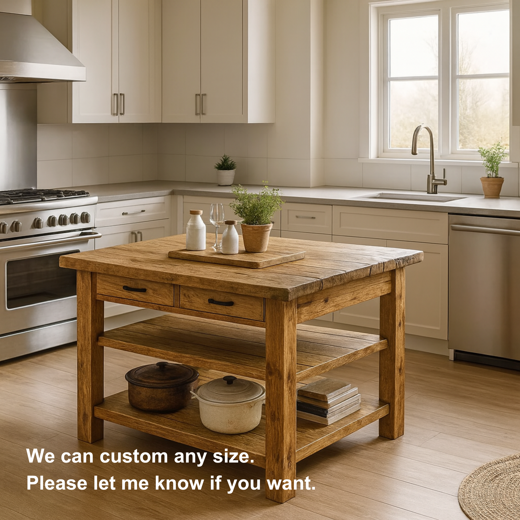 Live Edge Solid Wood Kitchen Island with Drawers - Rustic Farmhouse Butcher Block Prep Table