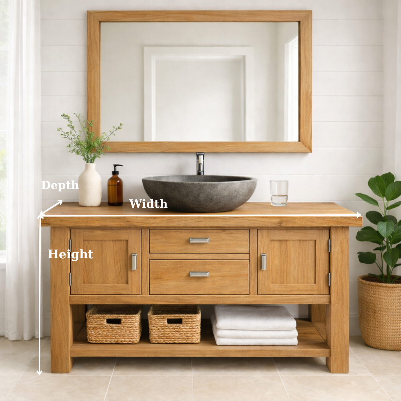 Timeless Solid Wood Bathroom Vanity with Double Side Cabinets, Center Drawers and Open Bottom Shelf