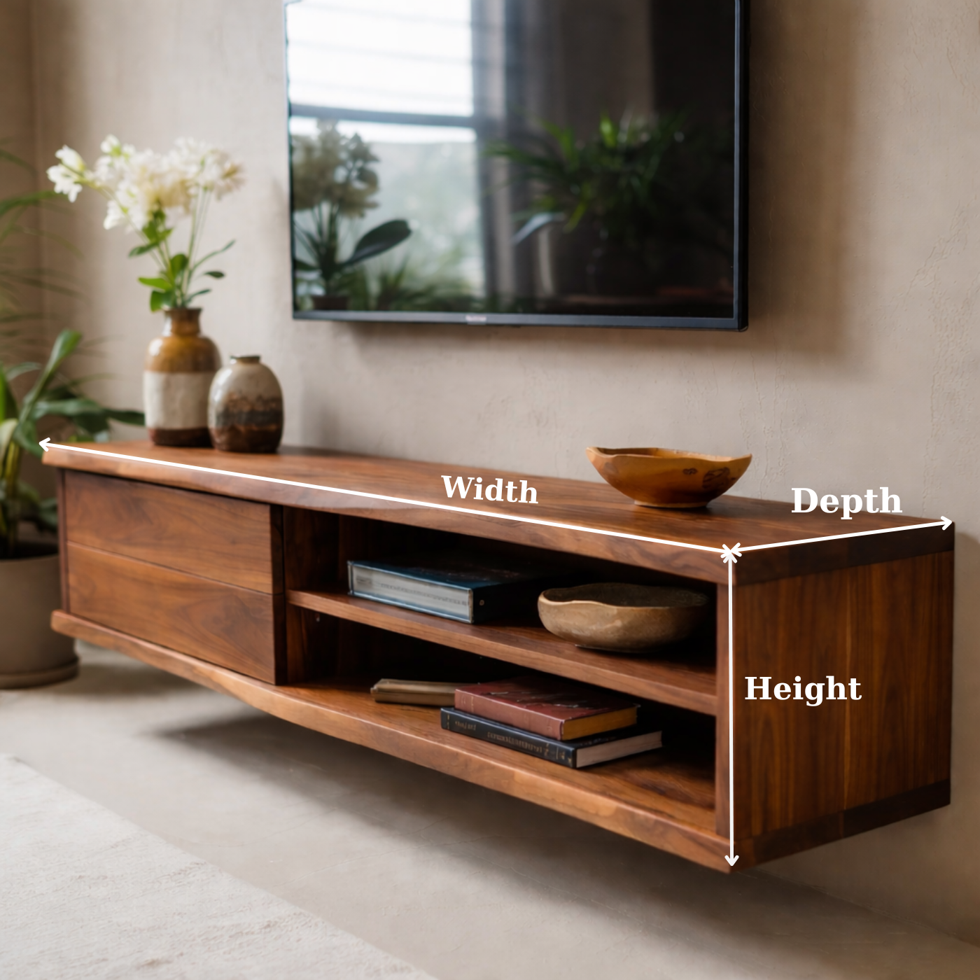 Floating Solid Wood TV Stand with Drawer and Open Shelves for Modern Living Rooms