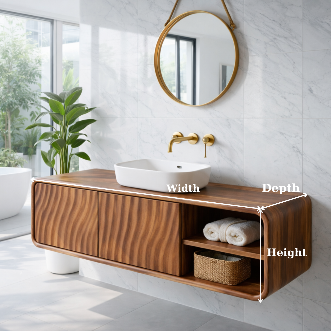 Modern Floating Solid Wood Bathroom Vanity with Wave Grain Cabinet Doors