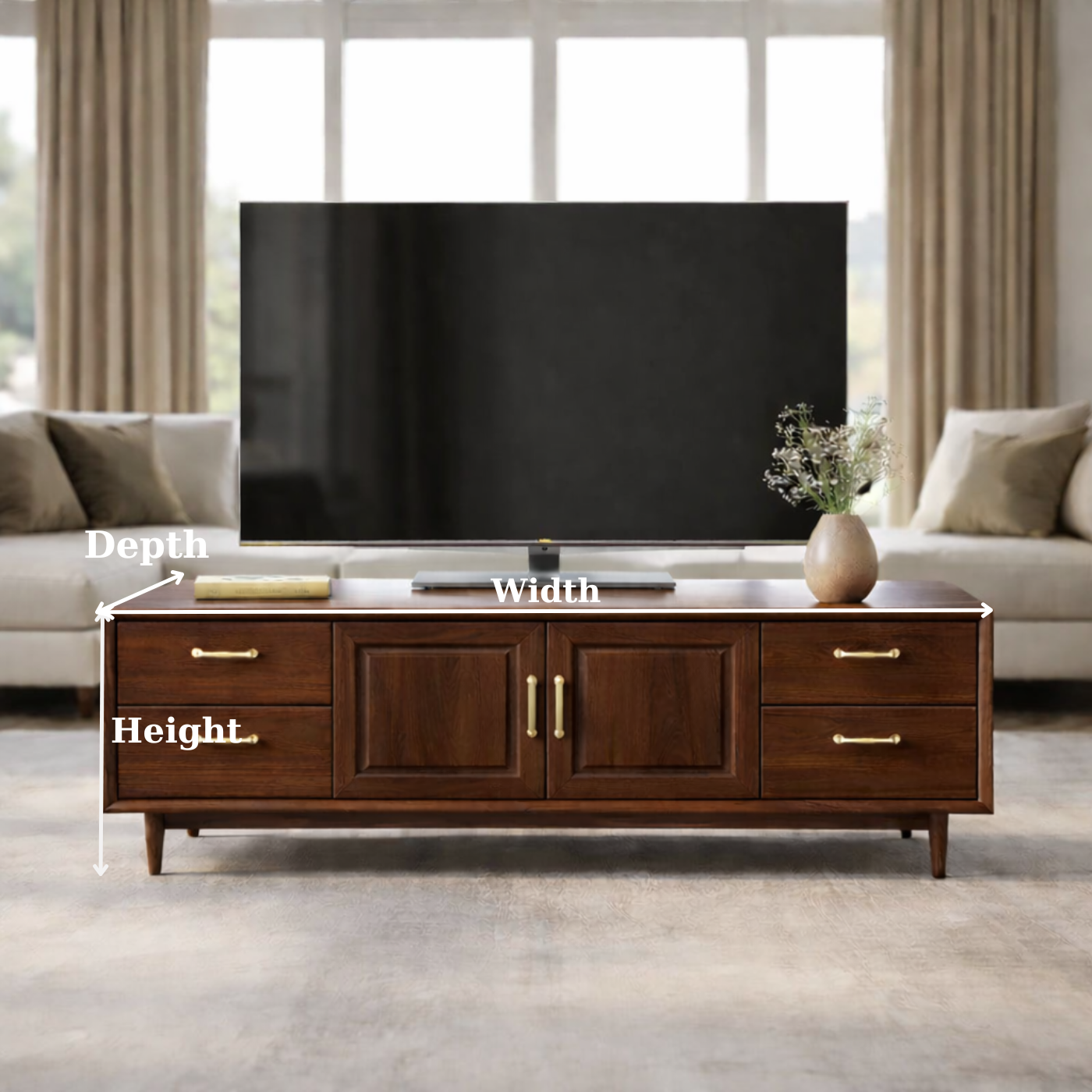 Mid-Century Solid Wood TV Stand with Drawers and Cabinet Storage