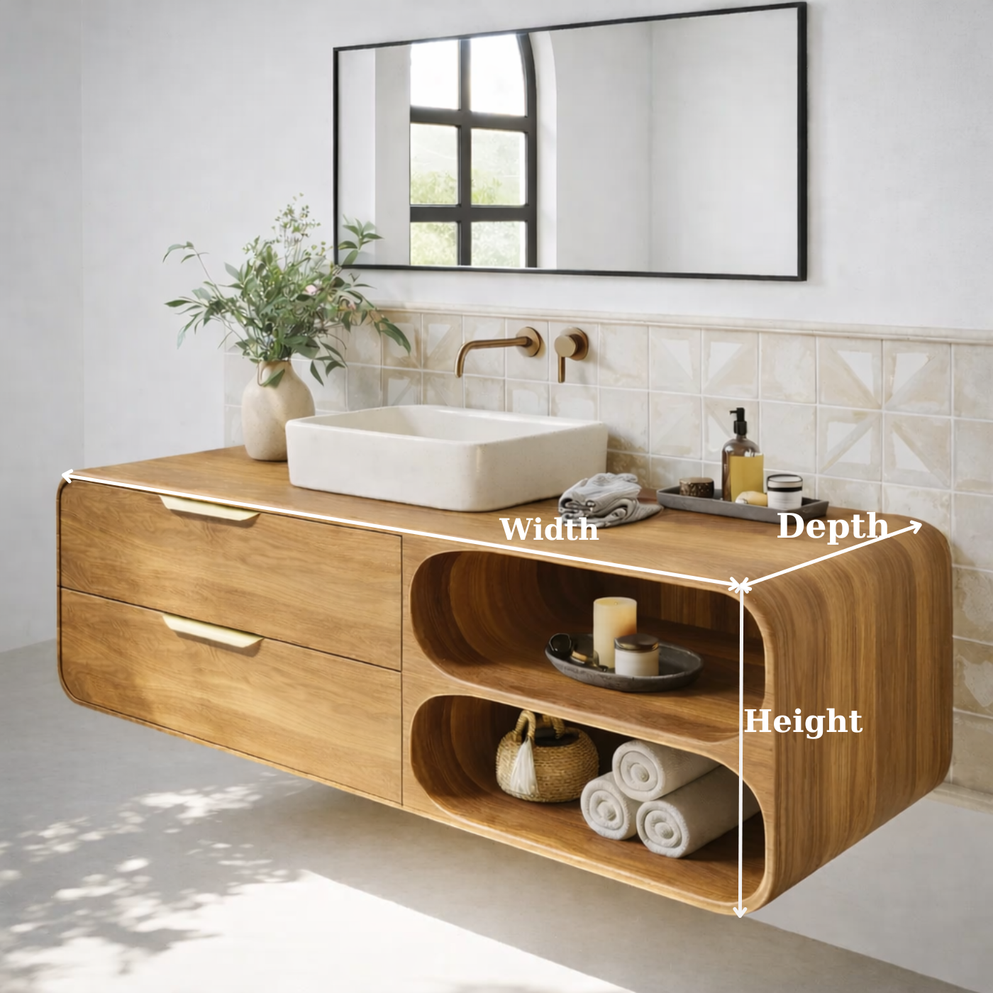 Floating Solid Wood Bathroom Vanity with Drawers and Open Curved Shelves for Modern Bathrooms