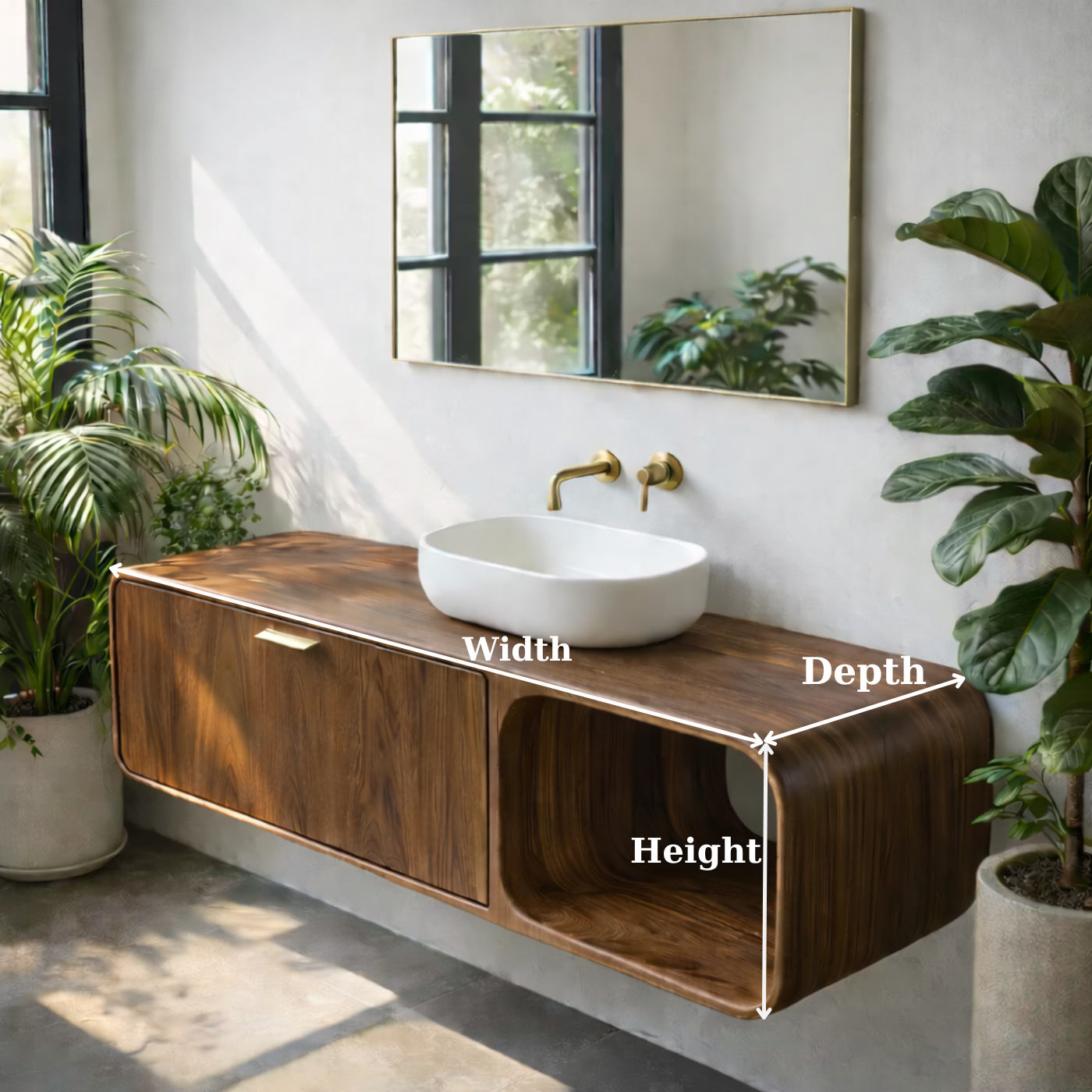 Contemporary Solid Wood Floating Bathroom Vanity with Open Side Shelf