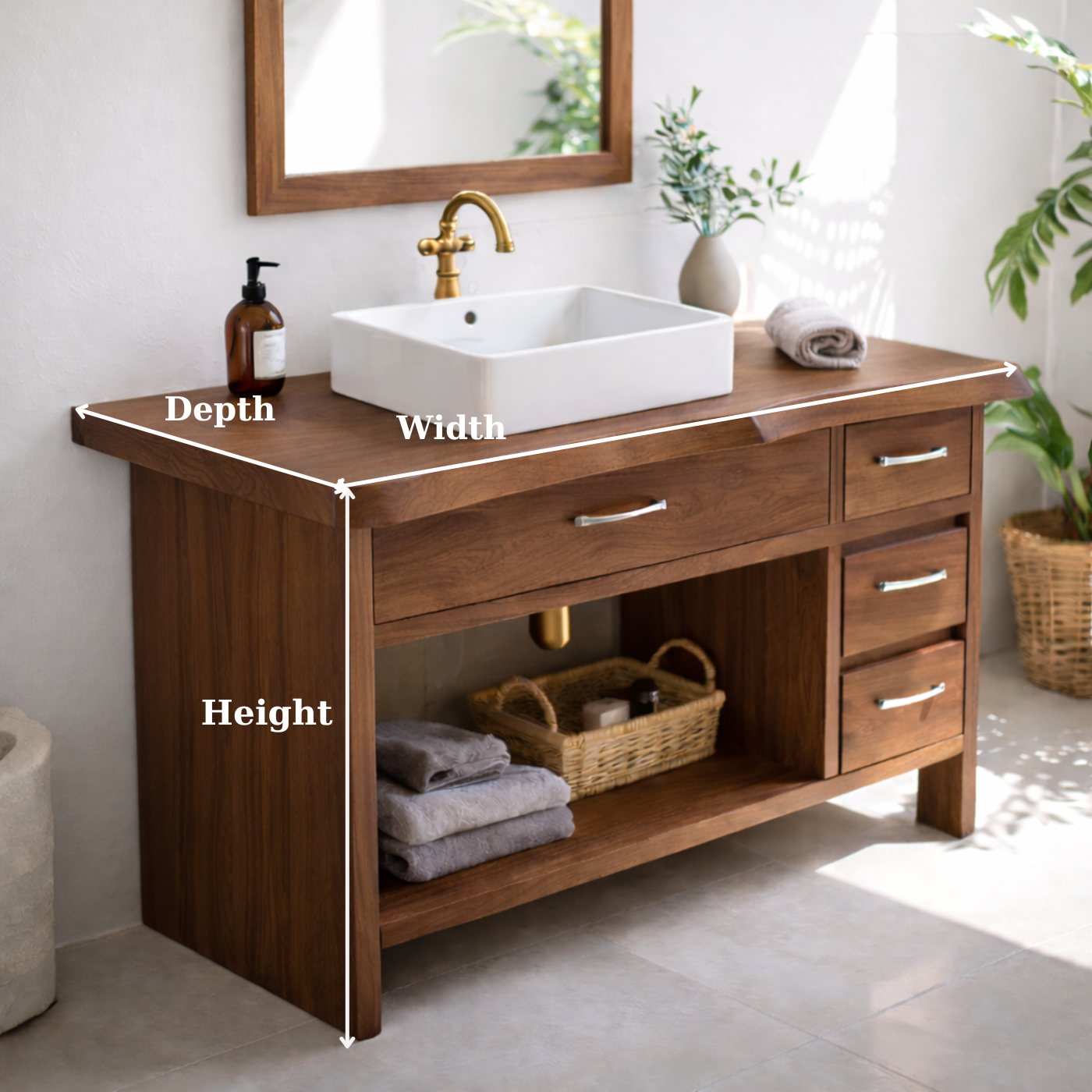 Modern Solid Wood Bathroom Vanity with Multiple Drawers and Open Storage Shelf
