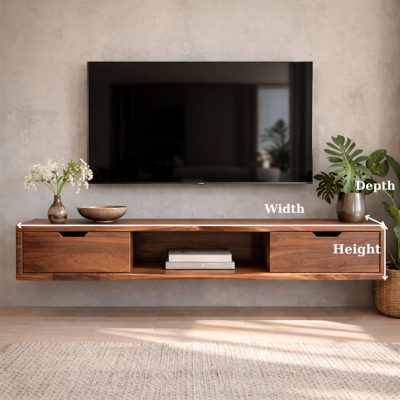 Floating Walnut Wood TV Stand with Drawers and Open Media Shelf