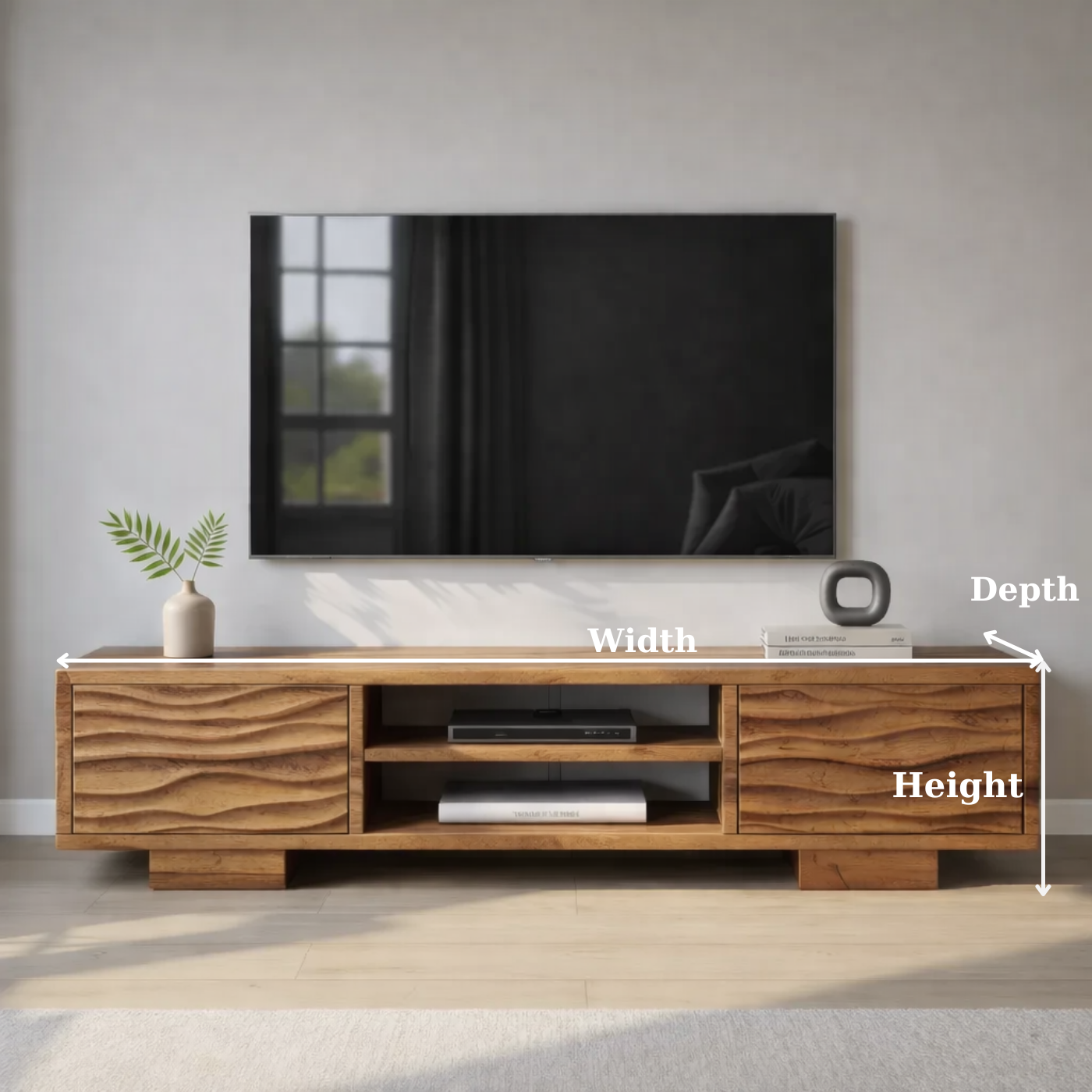 Modern Solid Wood TV Stand with Wave Front Drawers and Open Media Shelf
