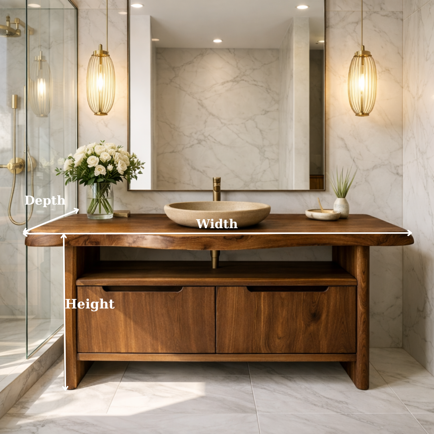 Live Edge Solid Wood Bathroom Vanity with Dual Drawers and Open Shelf for Contemporary Bathrooms