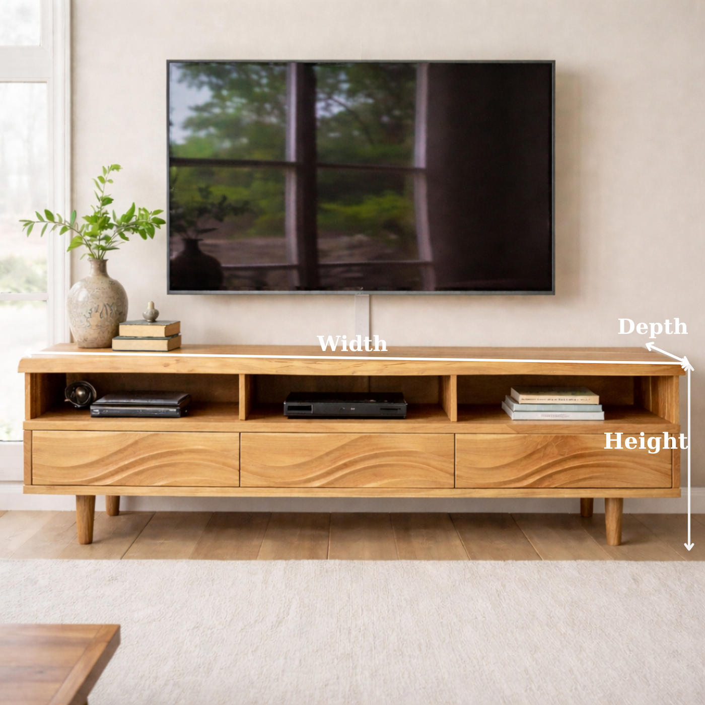 Modern Solid Wood TV Stand with Wave Drawer Fronts and Open Media Shelves
