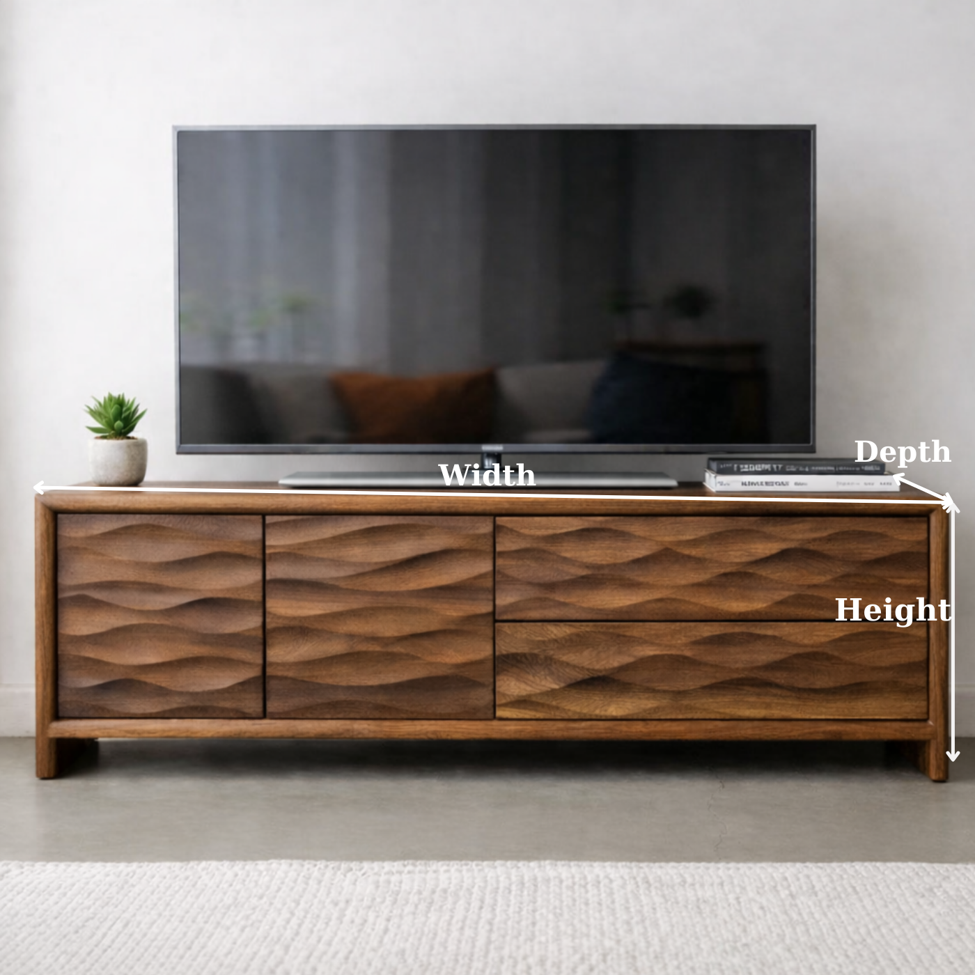 Modern Soild Wood TV Stand with Textured Wave Cabinet Doors and Storage Drawers