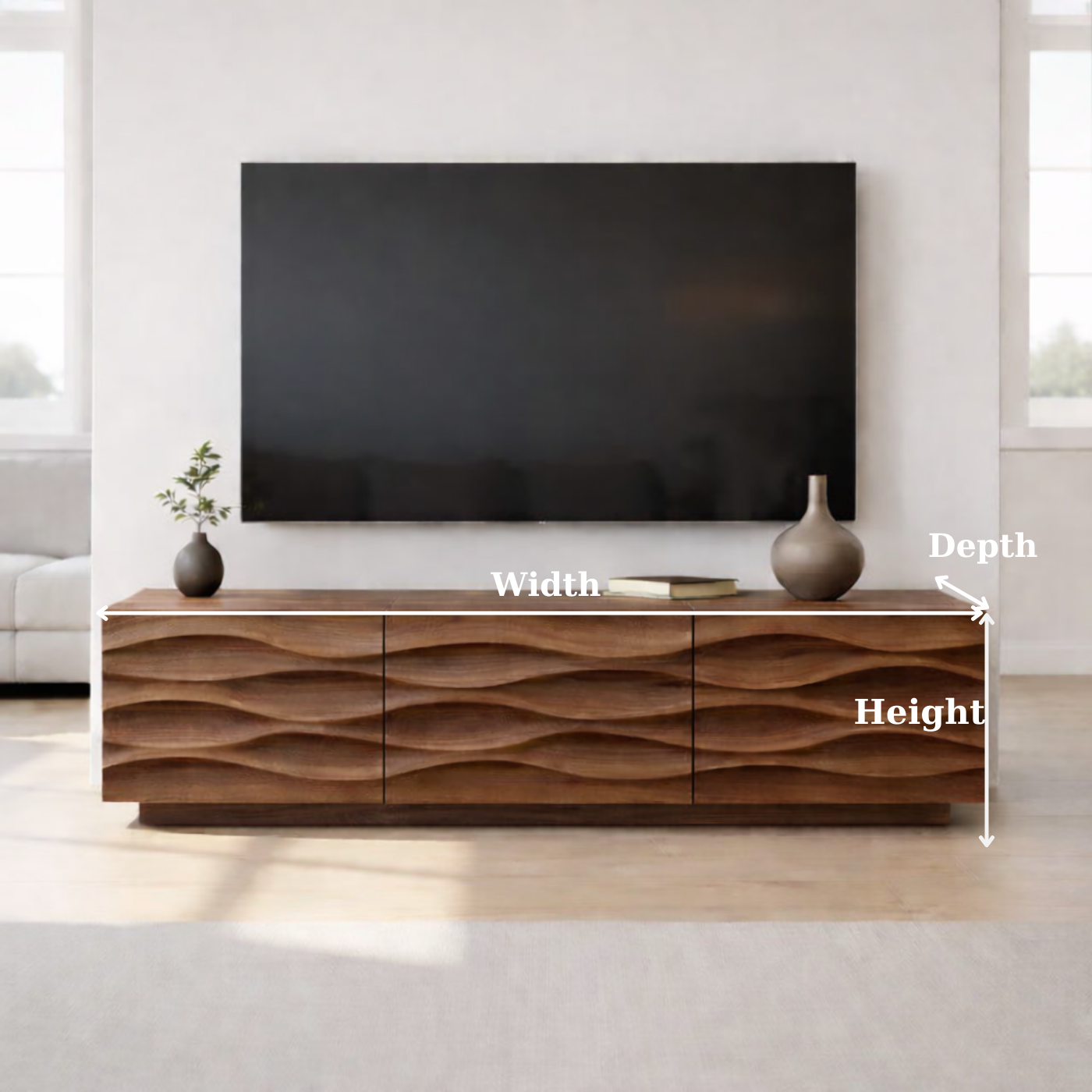 Modern Solid Wood TV Stand with Wave Front Design, Walnut Finish Media Console Cabinet