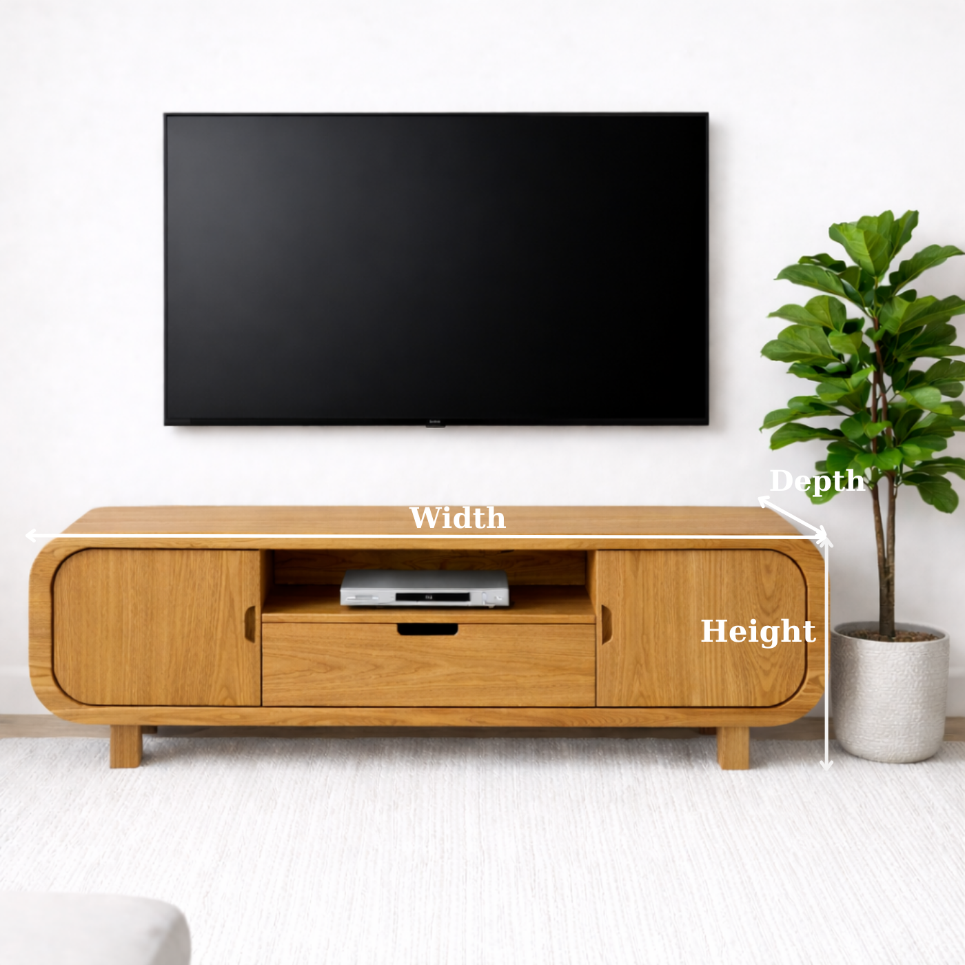 Modern Solid Oak TV Stand with Cabinet Doors and Drawer, Wooden Media Console for Living Room
