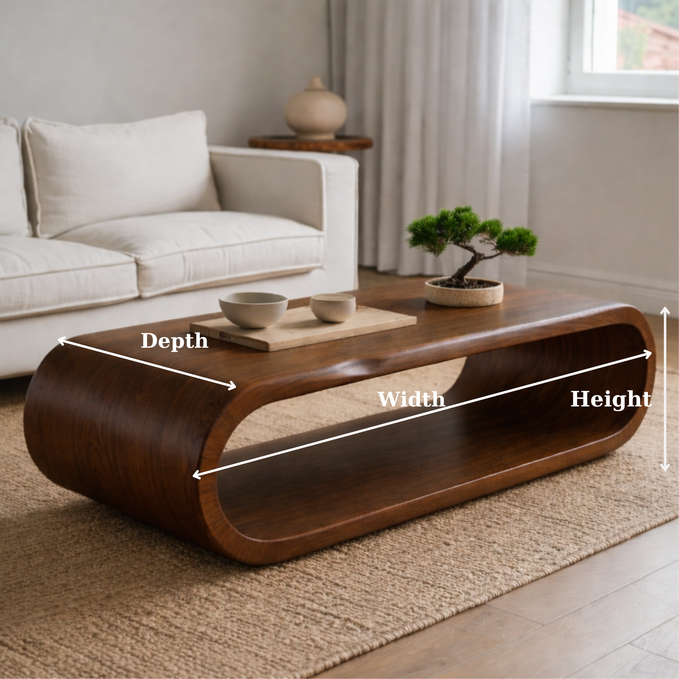 Sculptural Walnut Coffee Table with Curved Design and Open Shelf, Modern Living Room Decor