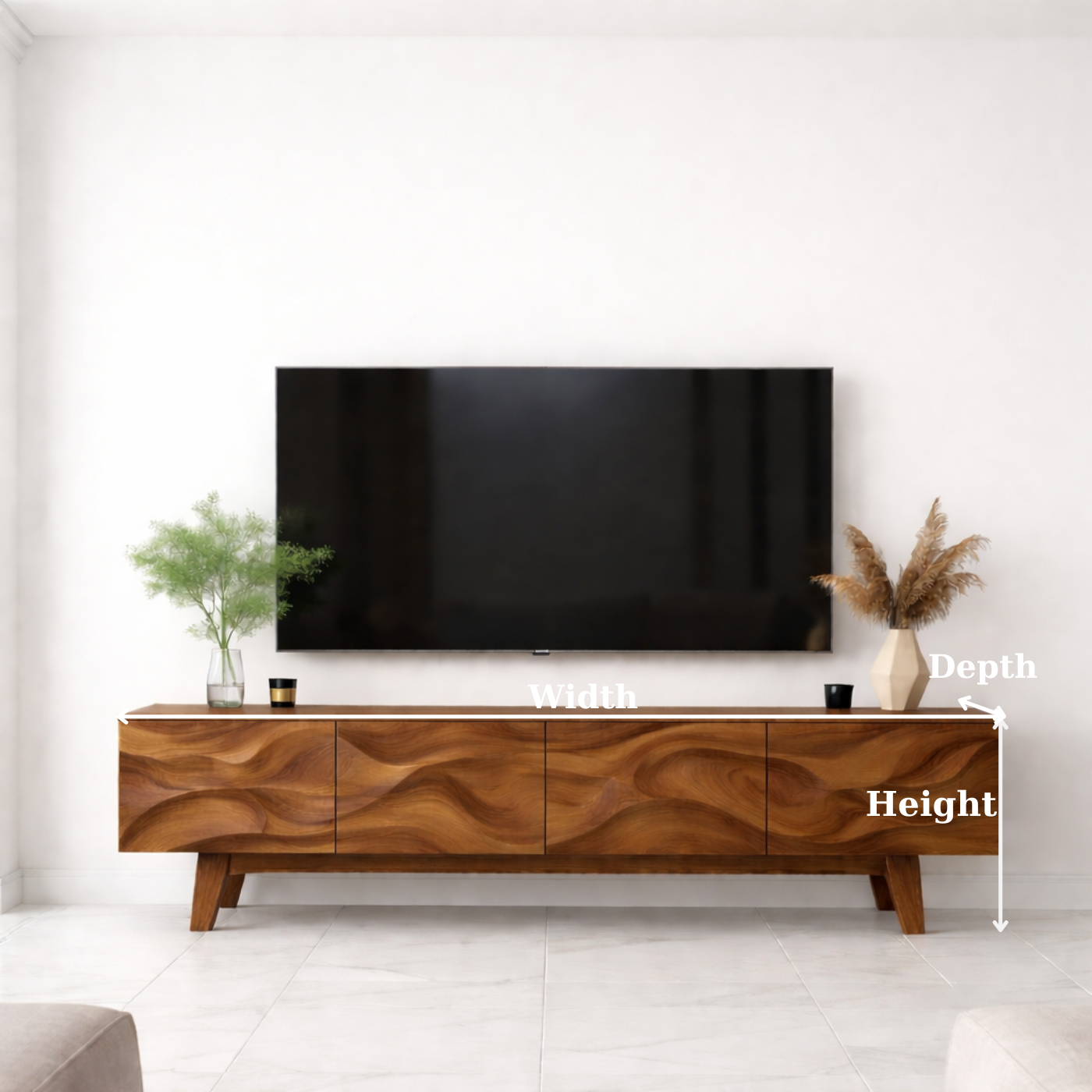 Wave Pattern Solid Wood TV Stand with Storage, Modern Media Console for Living Room