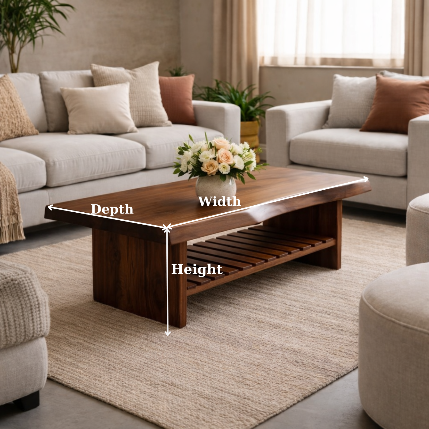 Live Edge Walnut Coffee Table with Slatted Shelf, Natural Modern Design for Living Room