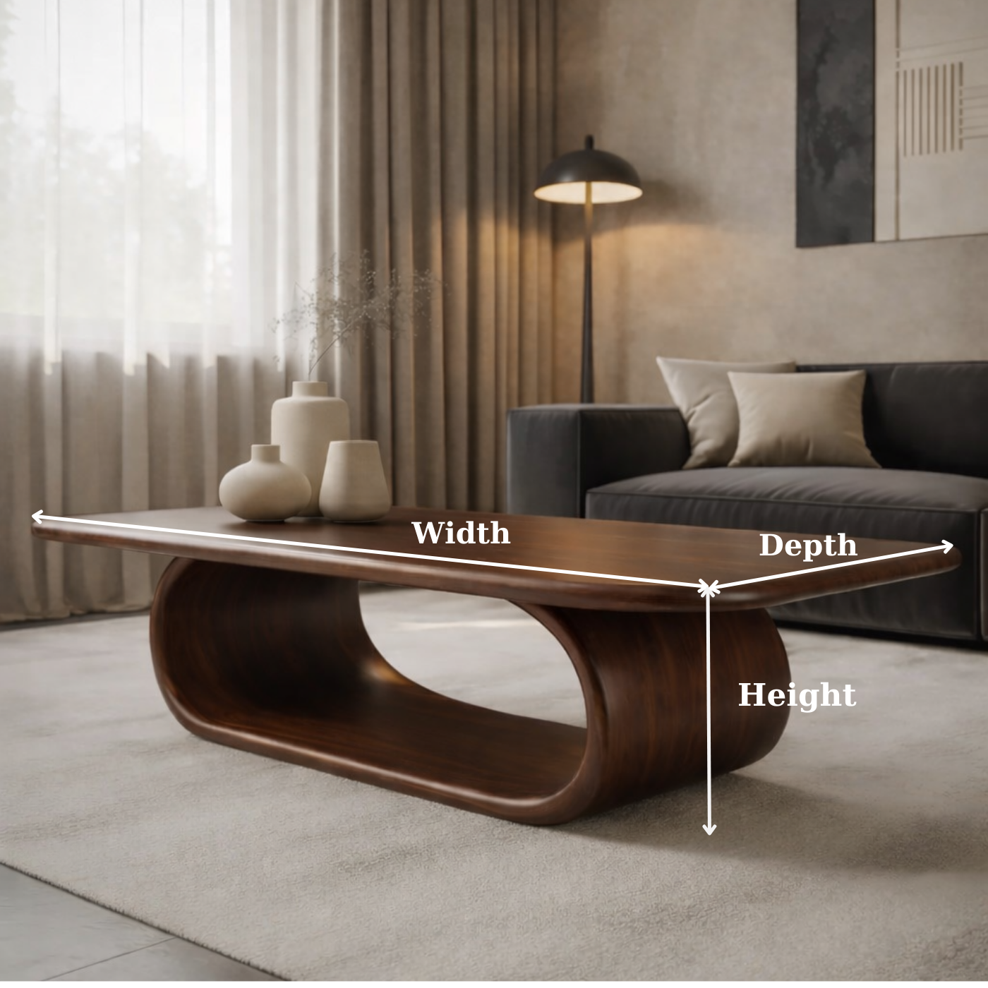 Sculptural Walnut Coffee Table with Curved Design and Open Shelf, Modern Living Room Décor