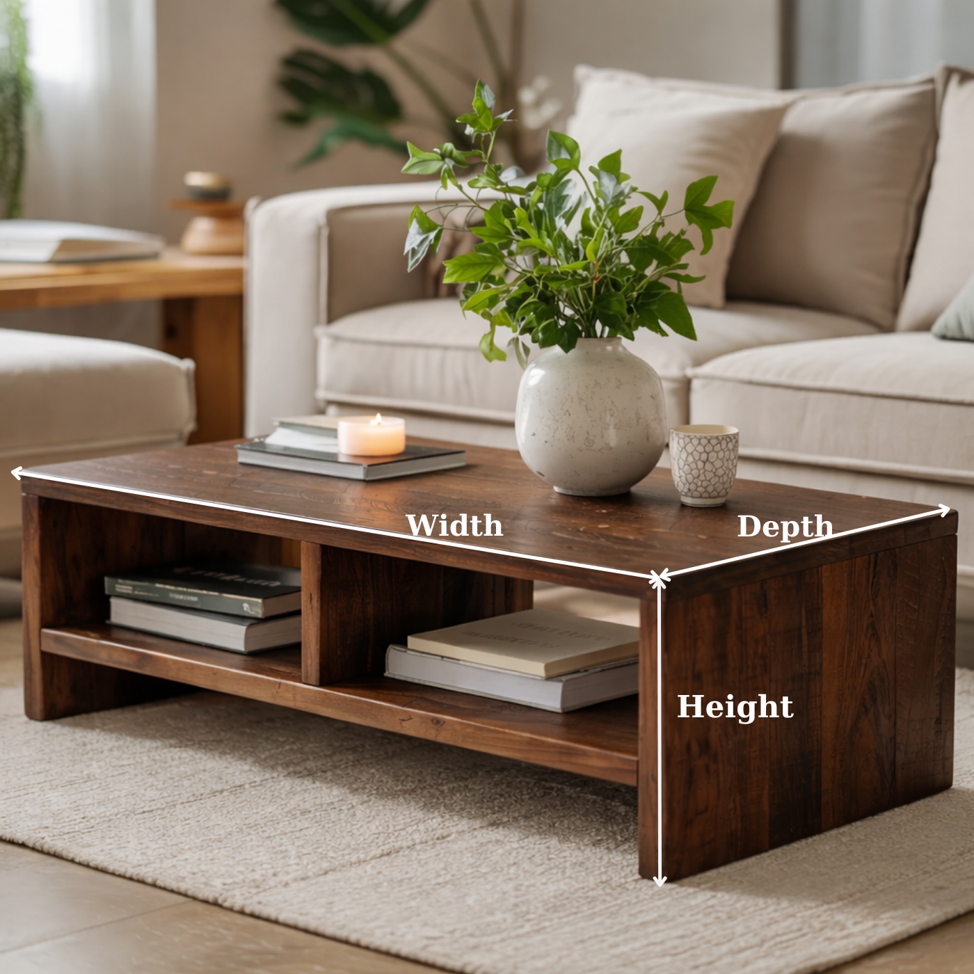 Solid Wood Coffee Table with Open Storage, Rustic Design for Living Room and Décor