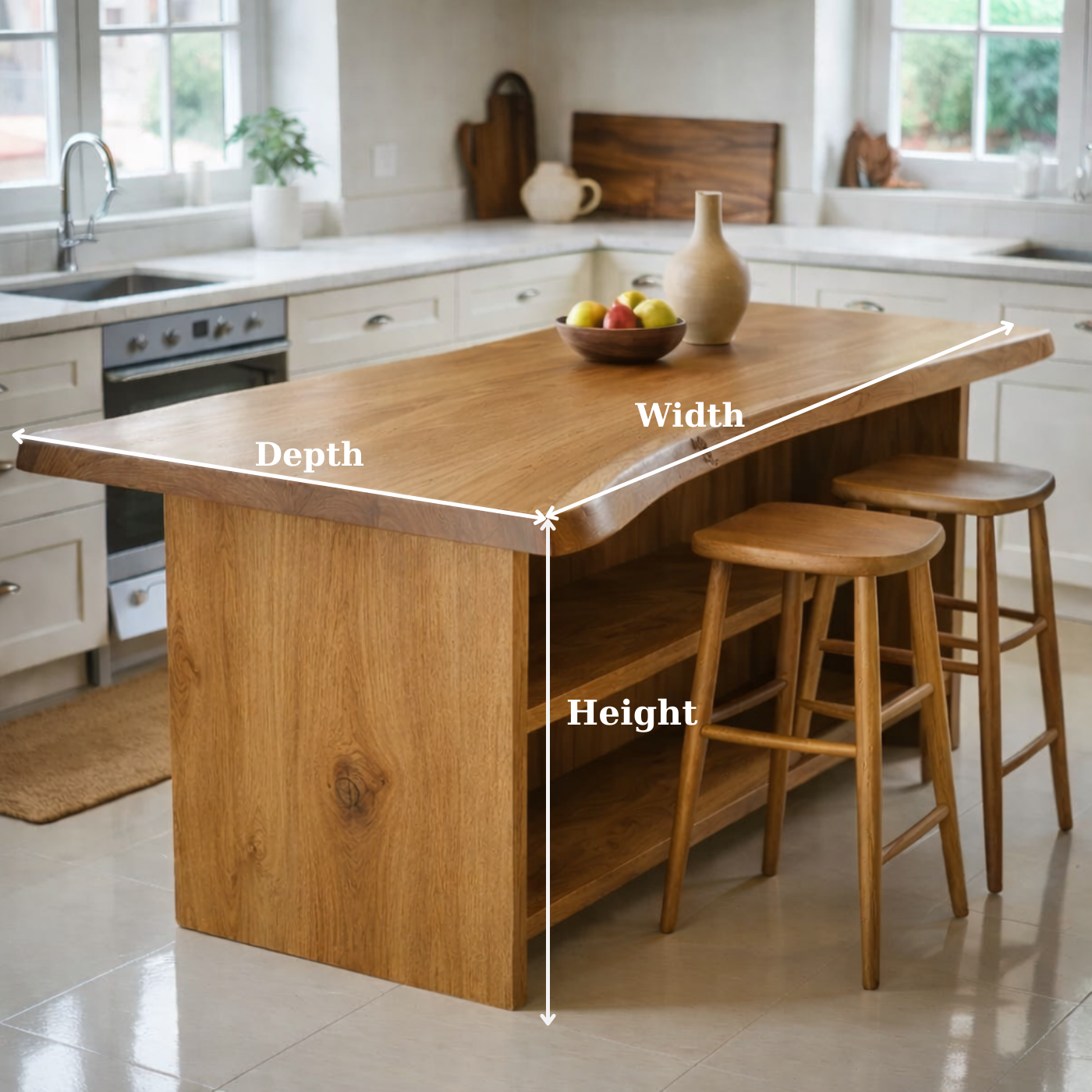 Live Edge Solid Wood Kitchen Island with Open Shelf Storage and Seating Bar Table