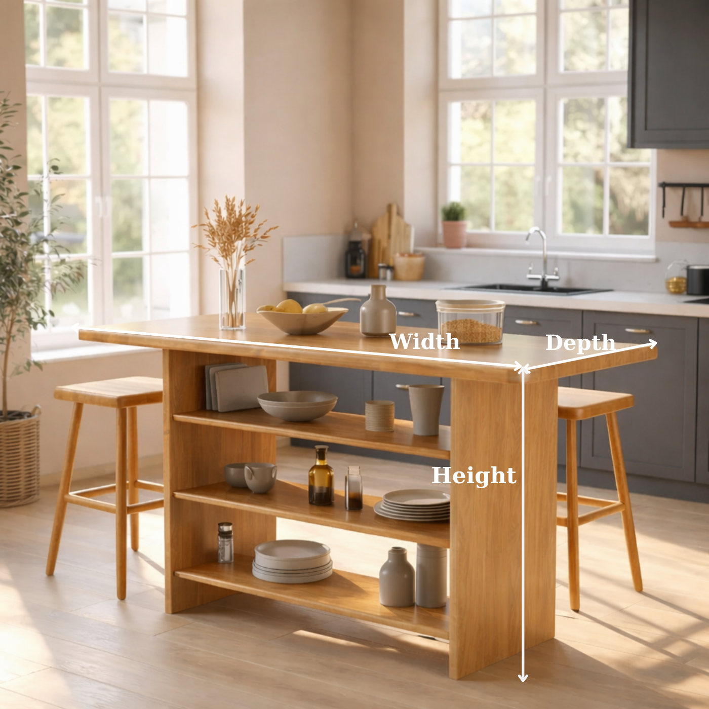 Solid Wood Kitchen Island with Open Storage Shelves and Kitchen Bar Table