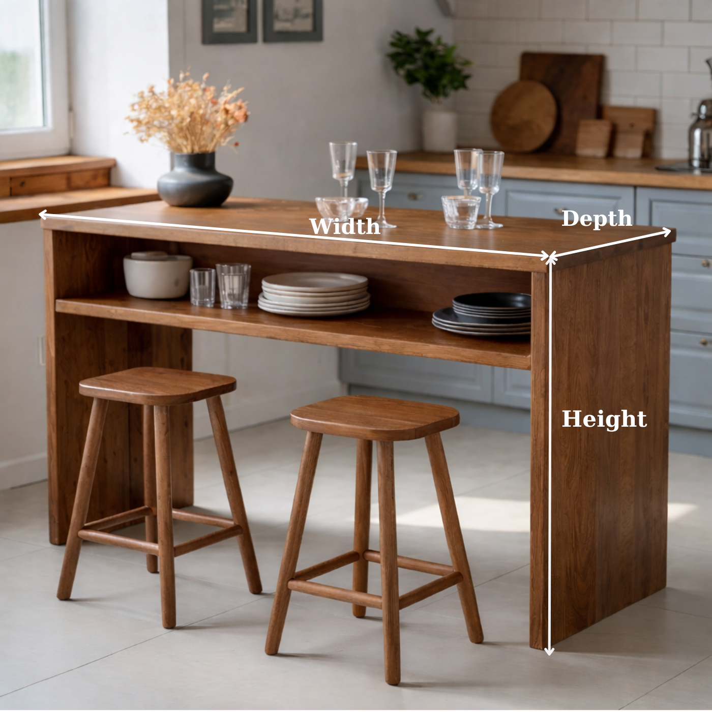 Modern Solid Wood Kitchen Island with Open Shelf Storage and Breakfast Bar Table