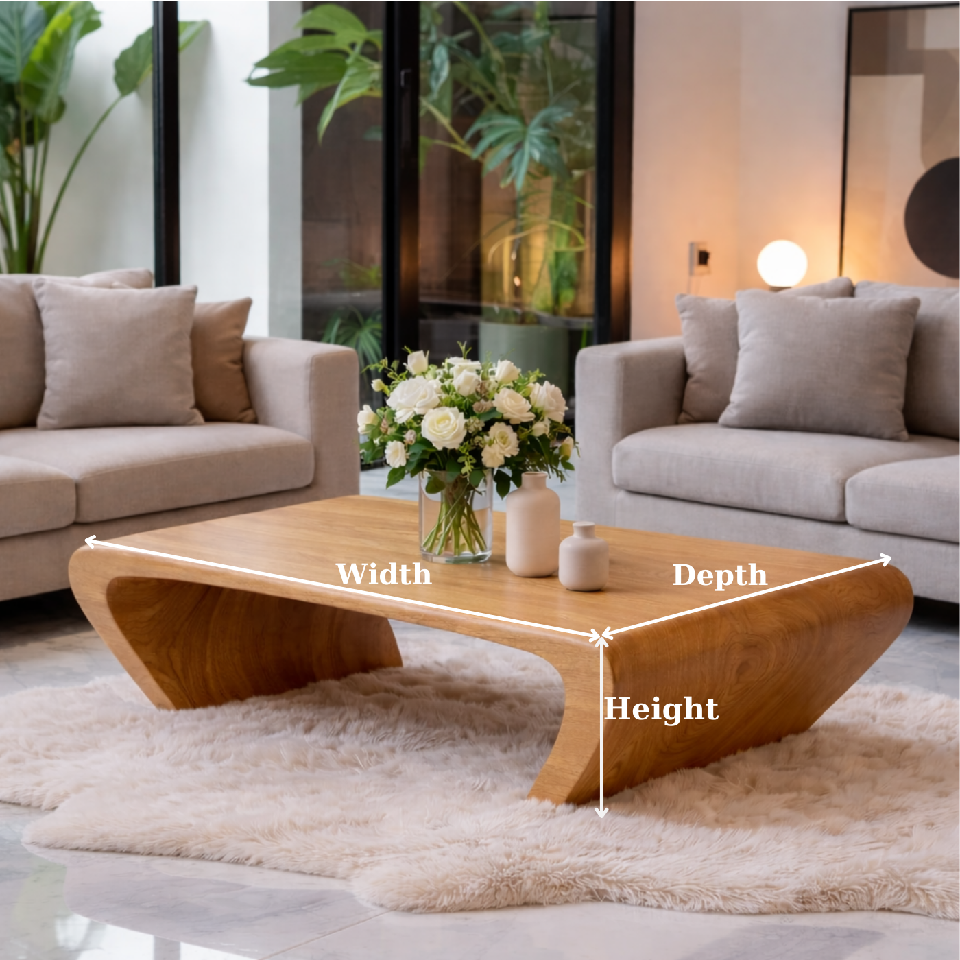 Modern Solid Wood Coffee Table with Sculptural Curved Base Minimalist Living Room Table