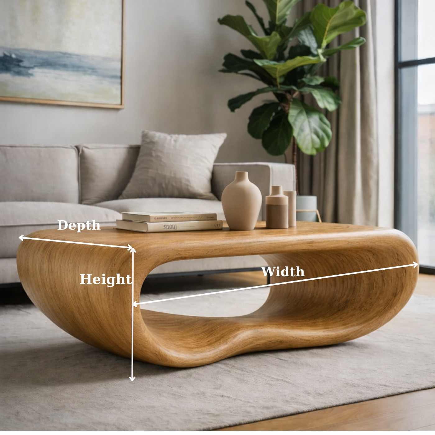 Modern Solid Wood Coffee Table with Sculptural Curved Design Minimalist Living Room Table