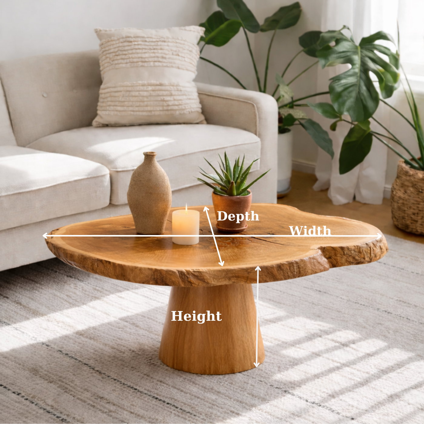 Live Edge Solid Wood Coffee Table for Living Room with Pedestal Base