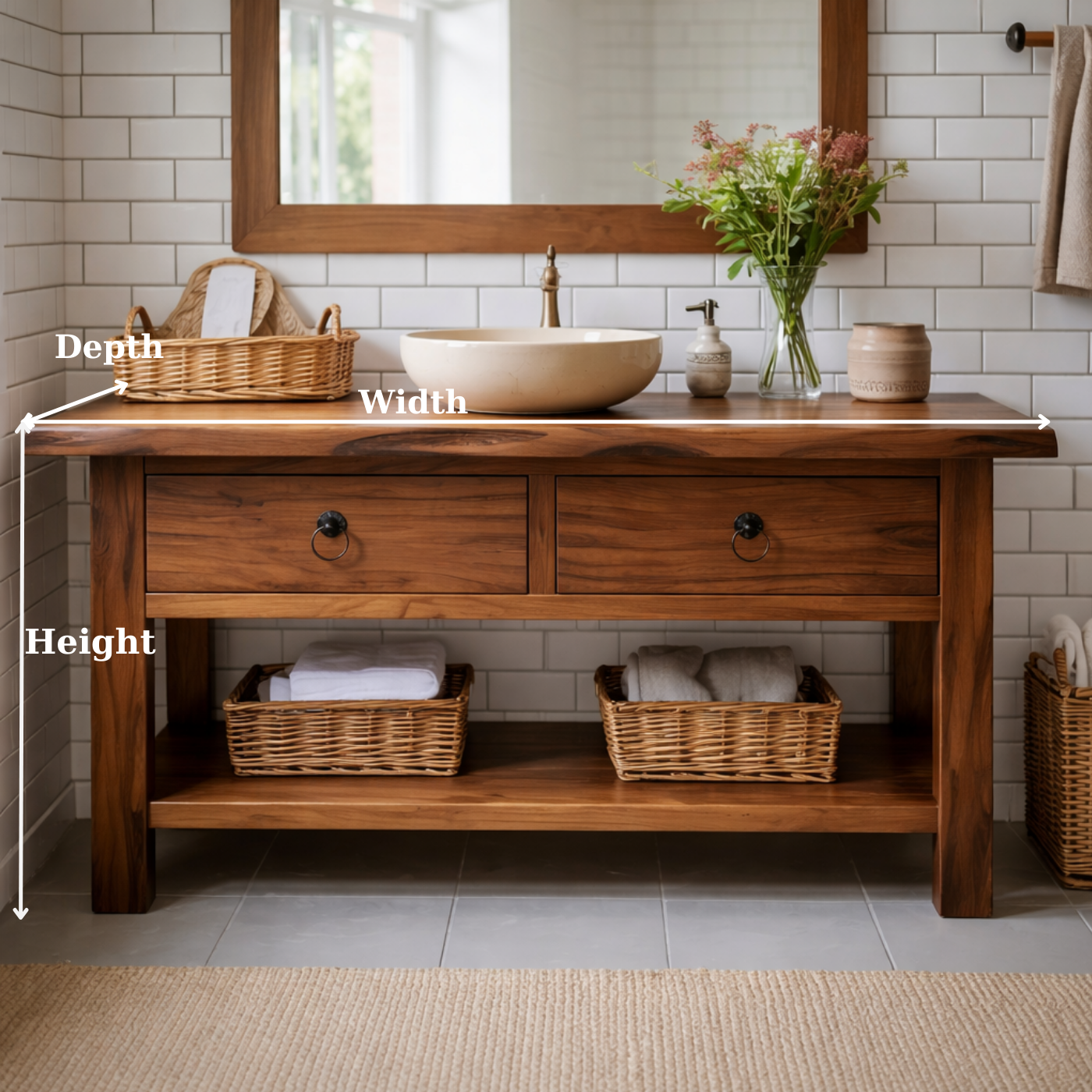 Solid Wood Bathroom Vanity with Open Shelf Storage and Double Drawer Design