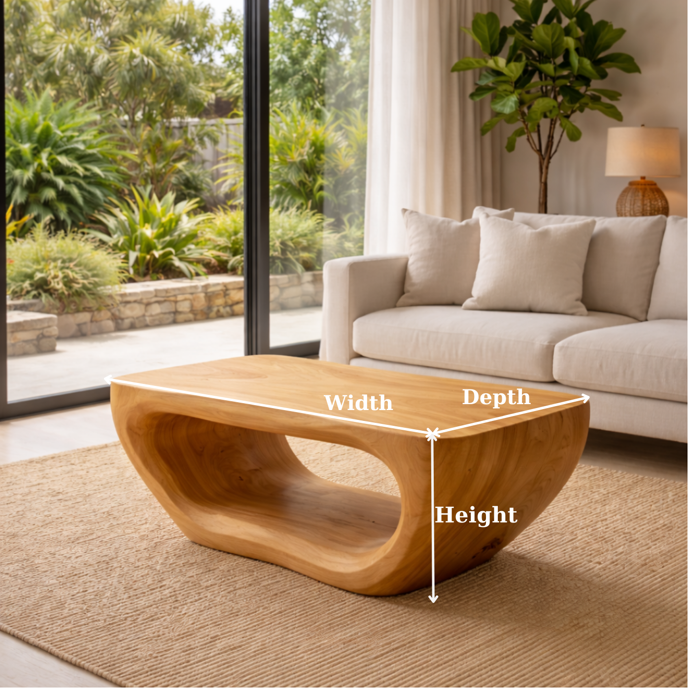Solid Wood Coffee Table with Sculptural Hollow Base and Smooth Curved Design