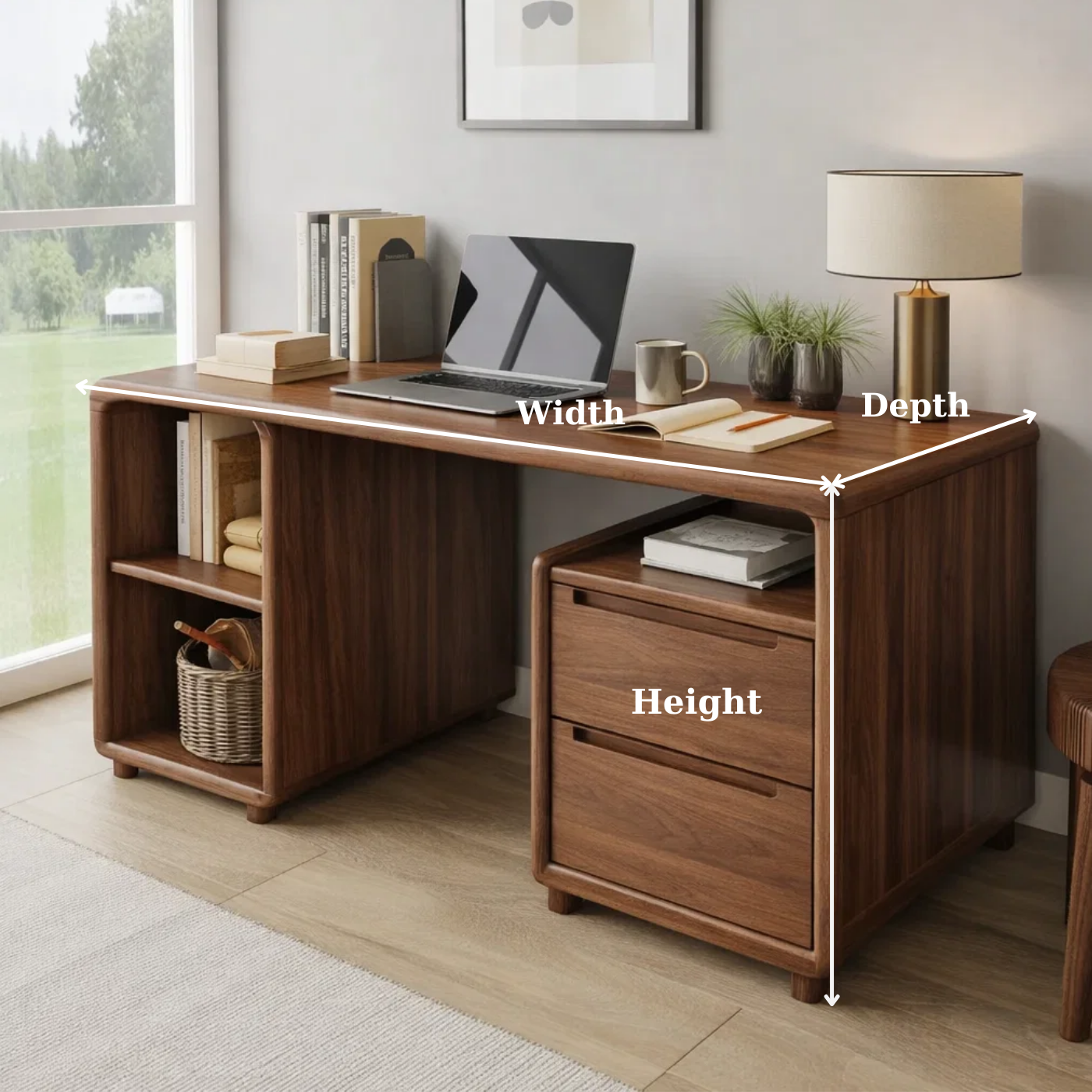 Modern Solid Wood Desk with Curved Edges and Integrated Storage Drawers