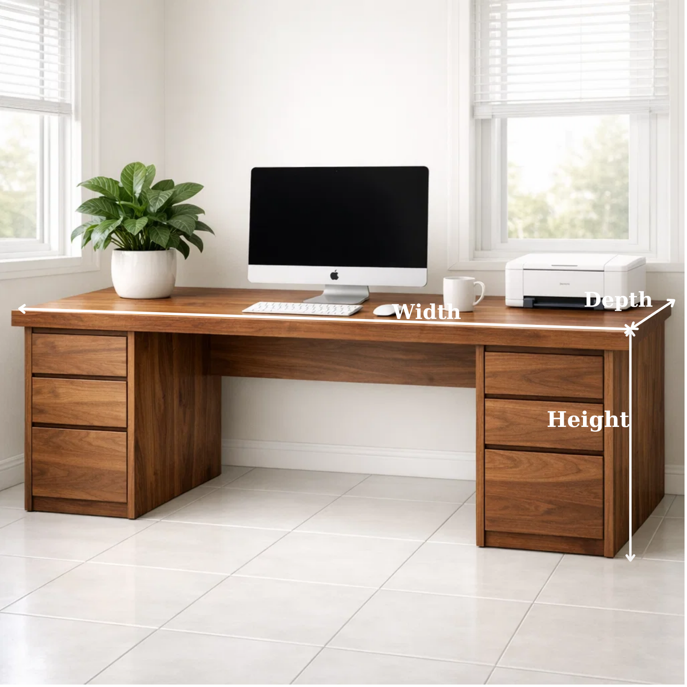 Large Solid Wood Executive Desk with Double Pedestal Storage Drawers