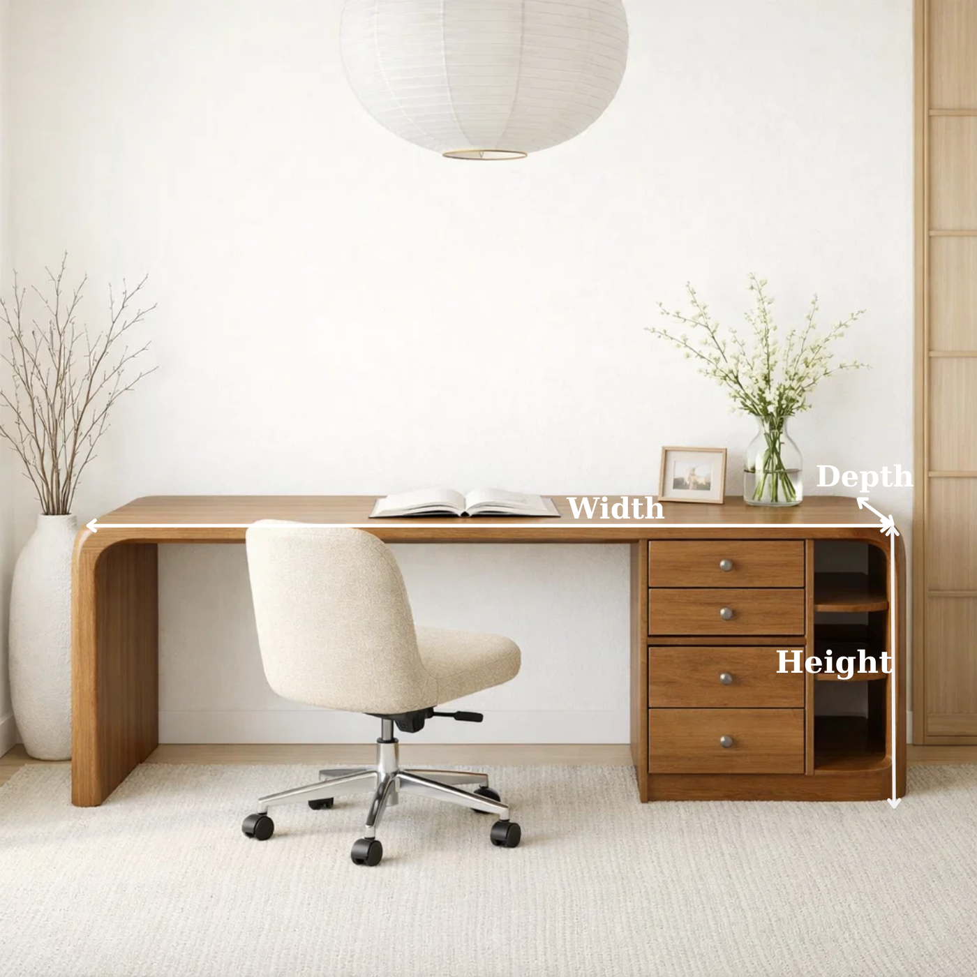 Solid Wood Waterfall Desk with Integrated Storage Drawers and Open Shelf