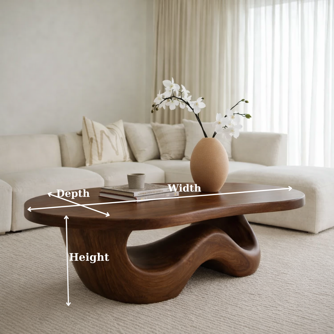 Solid Wood Coffee Table with Sculpted Organic Wave Base
