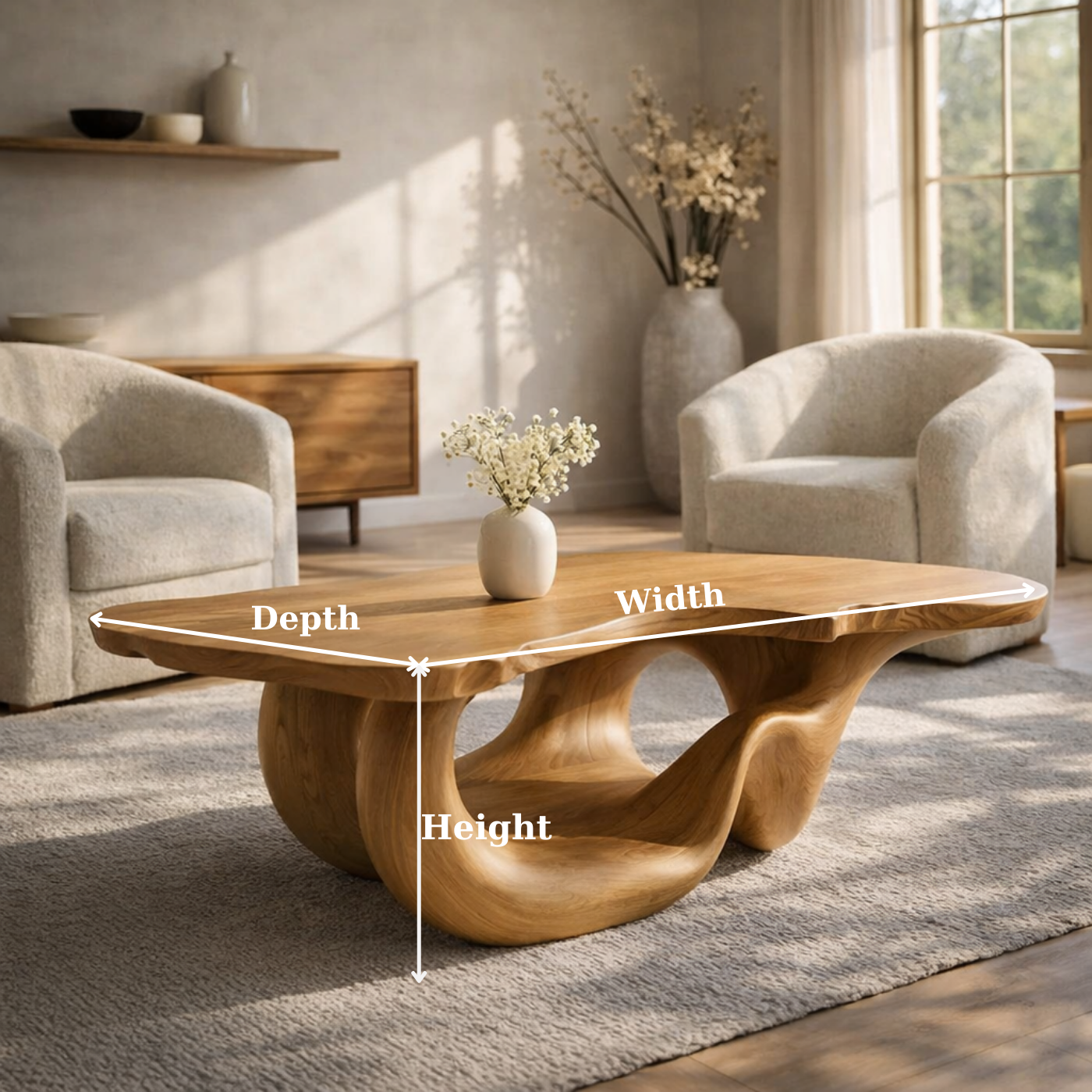 Solid Wood Live Edge Coffee Table for Modern Living Space with Sculptural Base