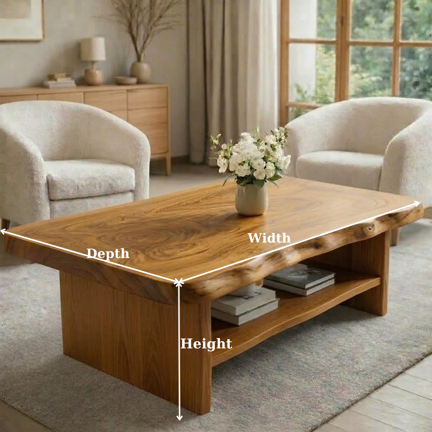 Solid Wood Coffee Table for Living Room with Live Edge Top and Storage Shelf