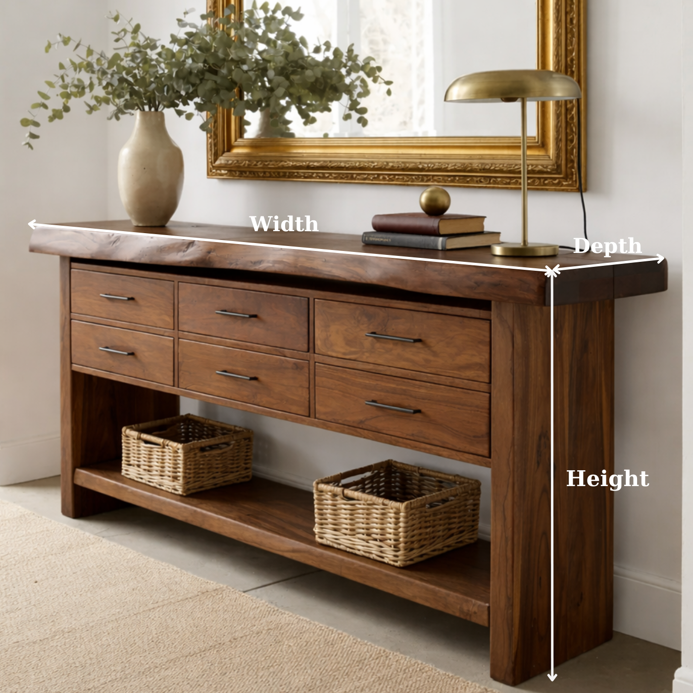Solid Wood Console Table with Live Edge Top and 6 Drawers