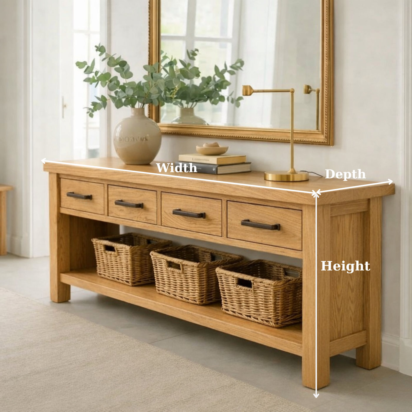 Solid Wood Console Table for Entryway with 4 Drawers and Open Shelf