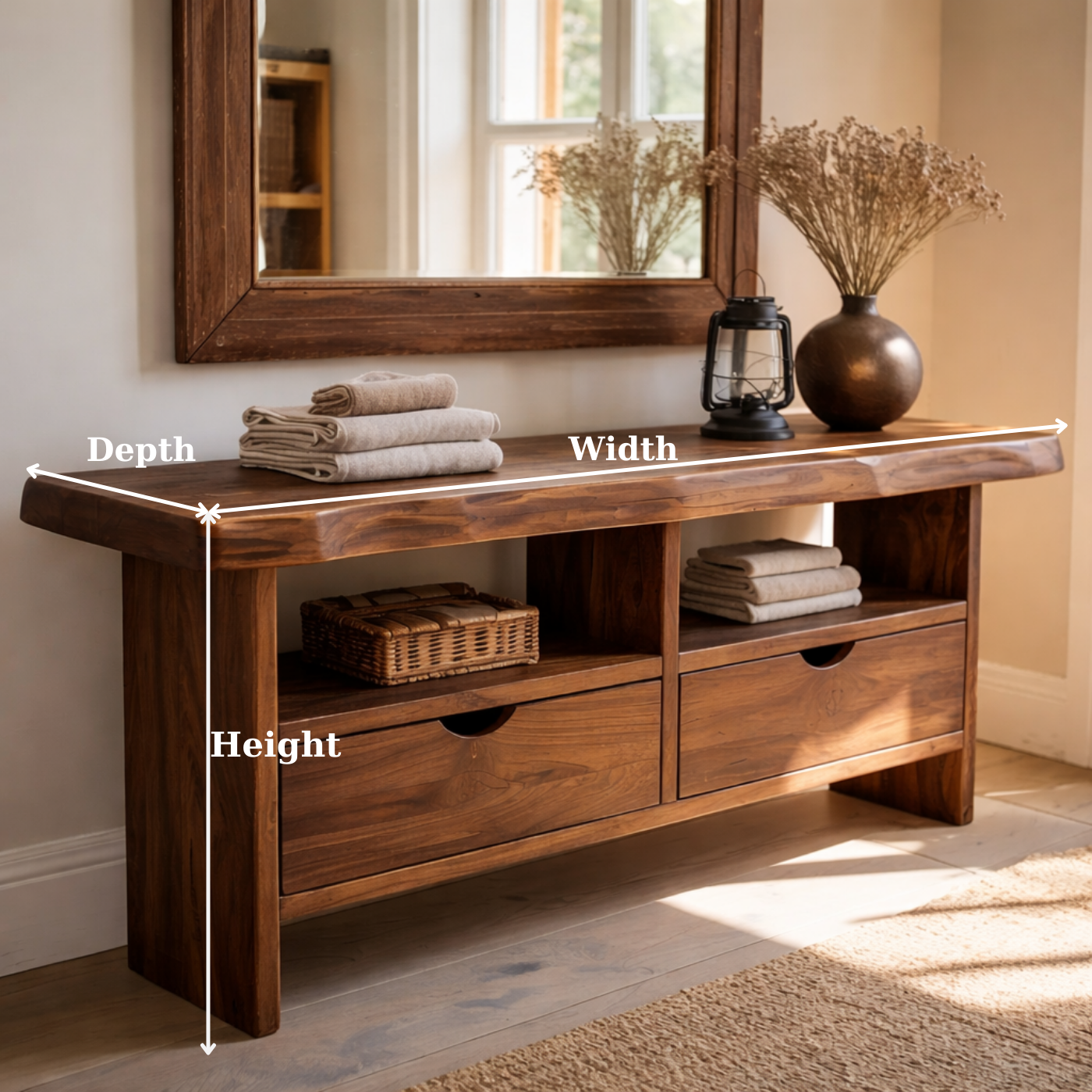 Solid Wood Console Table with Live Edge Top and Drawers for Storage