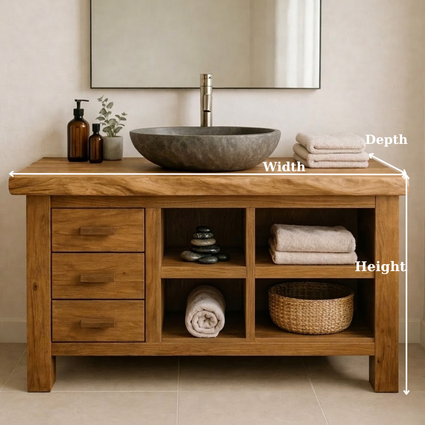 Solid Wood Bathroom Vanity with Live Edge Top and Open Shelves