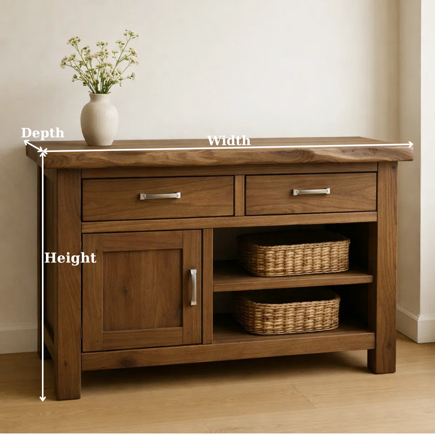 Solid Wood Console Table with 2 Drawers and Open Shelving for Storage