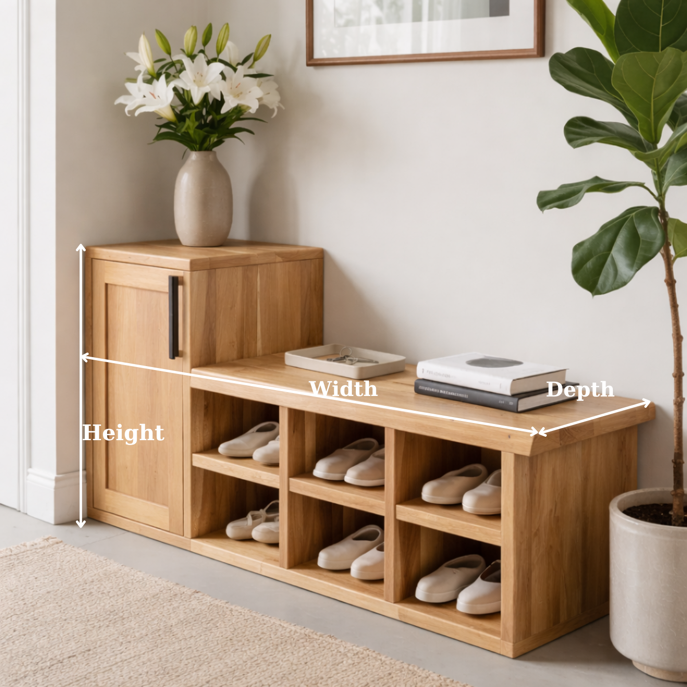 Solid Wood Shoe Storage Bench with Cabinet Door & Open Cubby Shelves – Entryway Shoe Organizer Bench
