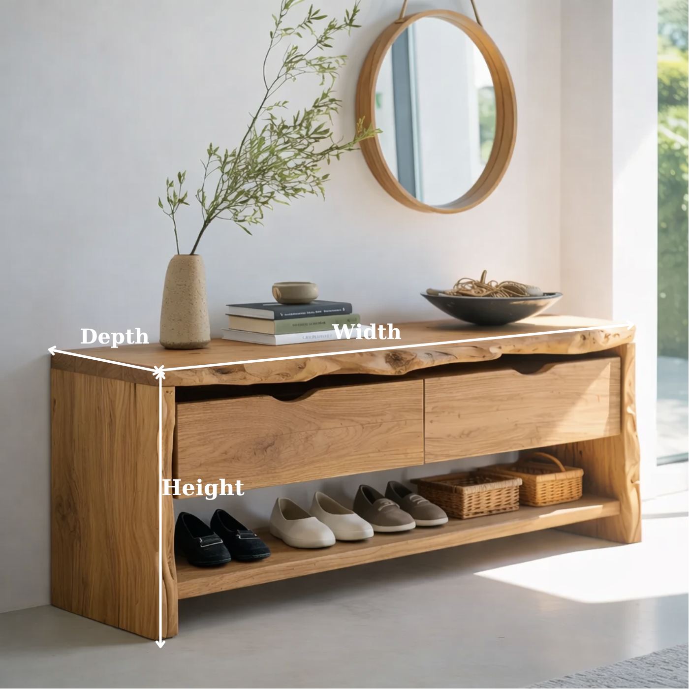 Solid Wood Live Edge Entryway Bench with Drawers & Shoe Shelf – Natural Wood Shoe Storage Bench